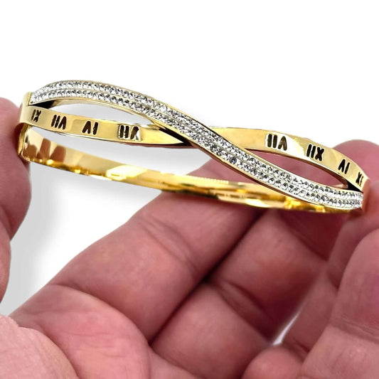 Gold Roman Numeral Zircon Bracelet – Stainless Steel Jewelry for Women, Elegant and Durable Bangle