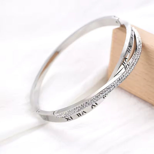 Roman Numeral Zircon Bracelet – Stainless Steel Jewelry for Women, Elegant and Durable Bangle