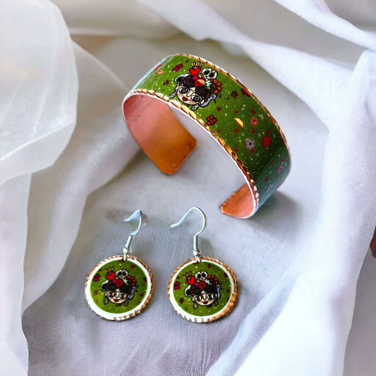 Frida Kahlo Patterned Copper Bracelet Earrings Jewellery Set
