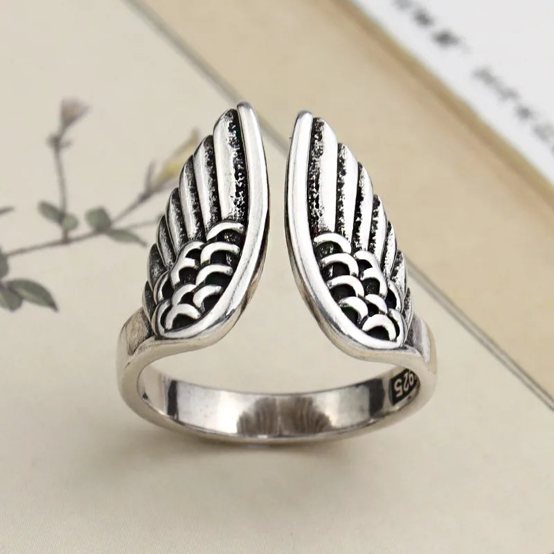 925 sterling silver angel wing ring feather texture detail