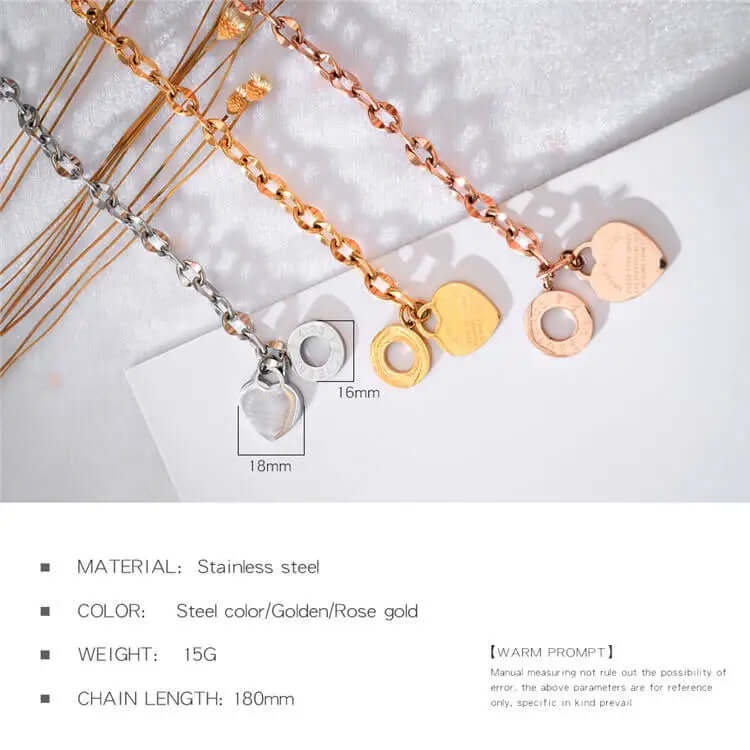 Stainless Steel Chain Bracelet with Heart Charm – Toggle Clasp, Non-Tarnish, Hypoallergenic, 18cm