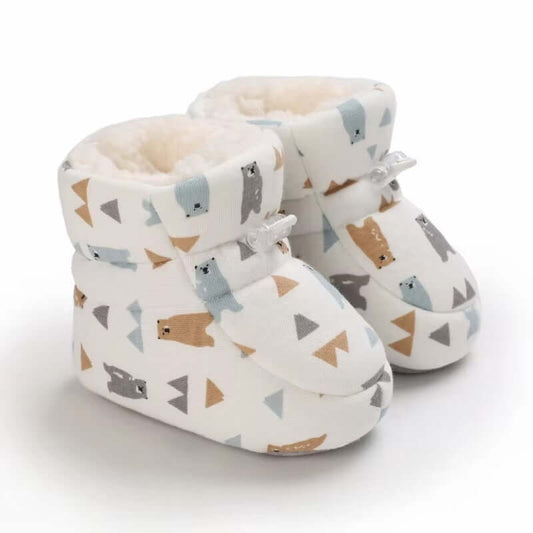 Fleece-Lined Baby Winter Booties with Bear and Triangle Print