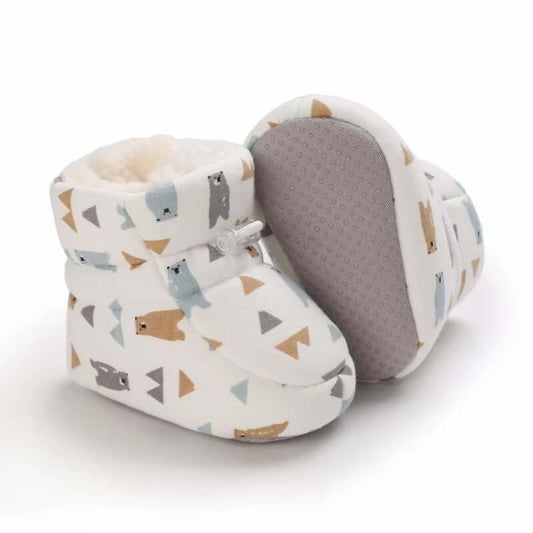 Fleece-Lined Baby Winter Booties with Bear and Triangle Print