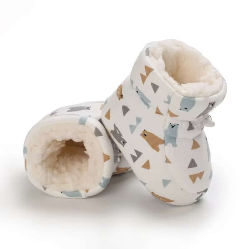 Fleece-Lined Baby Winter Booties with Bear and Triangle Print