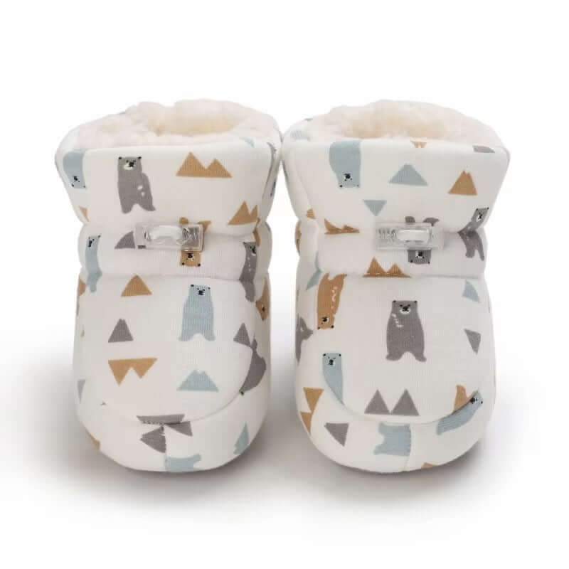 Fleece-Lined Baby Winter Booties with Bear and Triangle Print