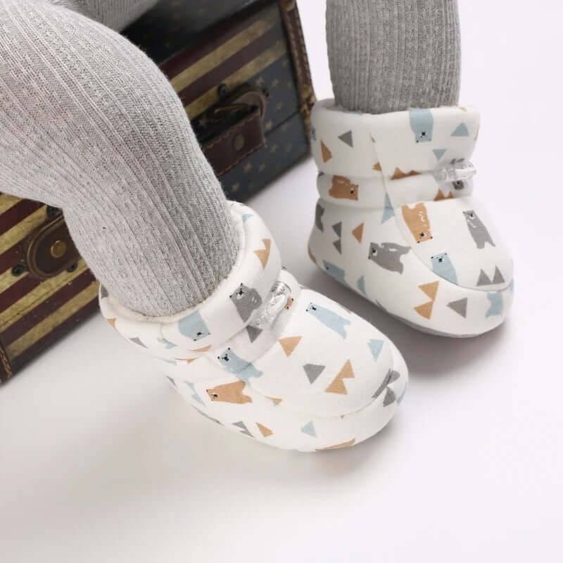 Fleece-Lined Baby Winter Booties with Bear and Triangle Print