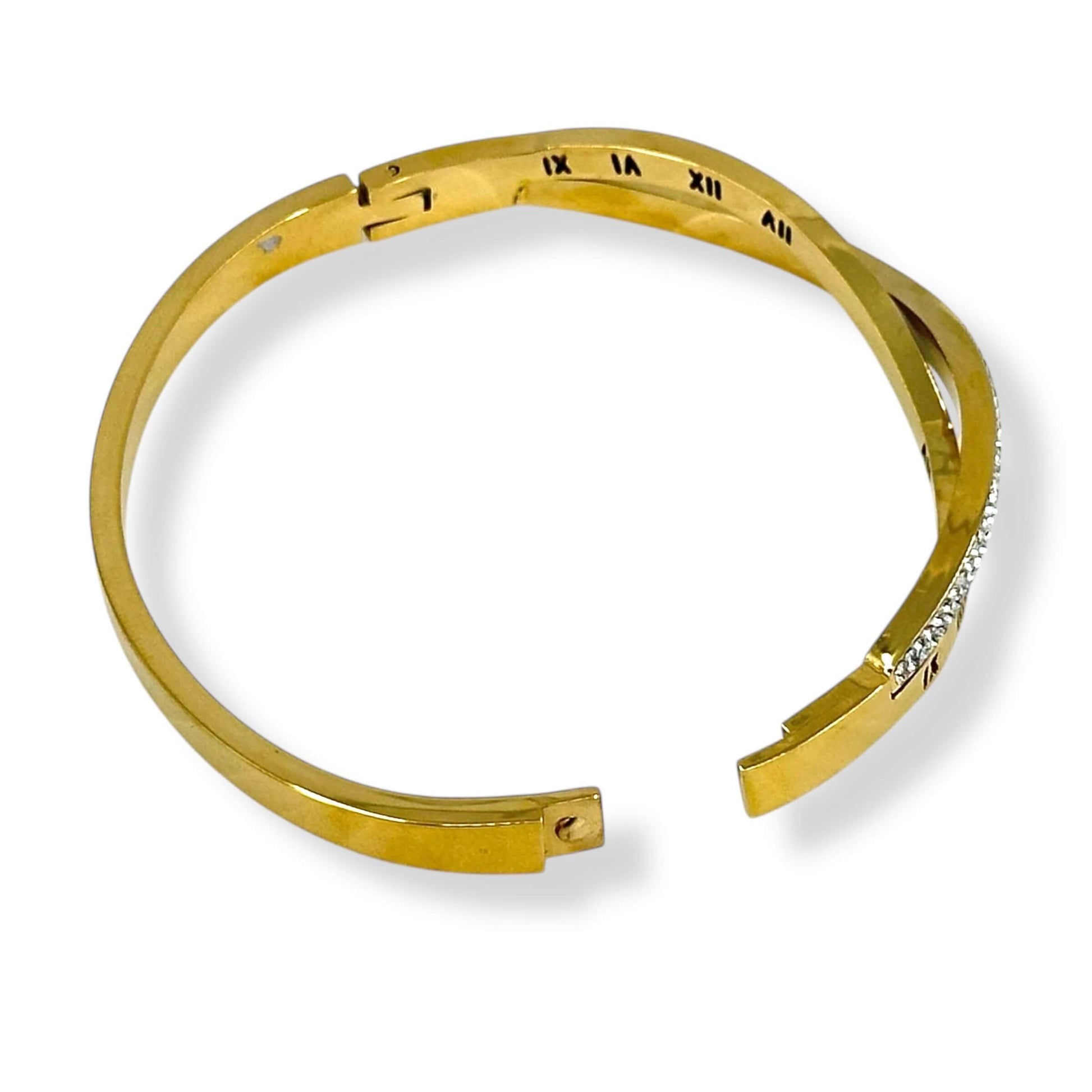 Gold Roman Numeral Zircon Bracelet – Stainless Steel Jewelry for Women, Elegant and Durable Bangle