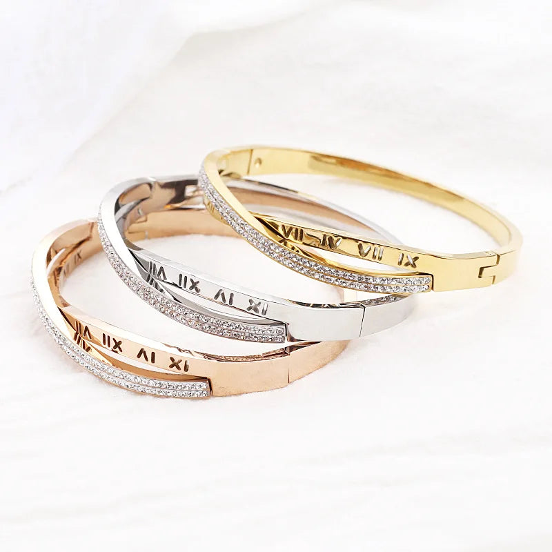 Roman Numeral Zircon Bracelet – Stainless Steel Jewelry for Women, Elegant and Durable Bangle