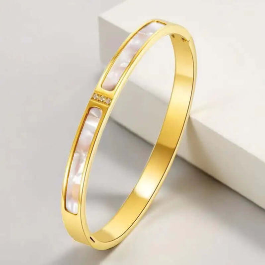 Gold Stainless Steel Bracelet with Mother of Pearl and Zircon – Elegant and Durable Jewelry for Women