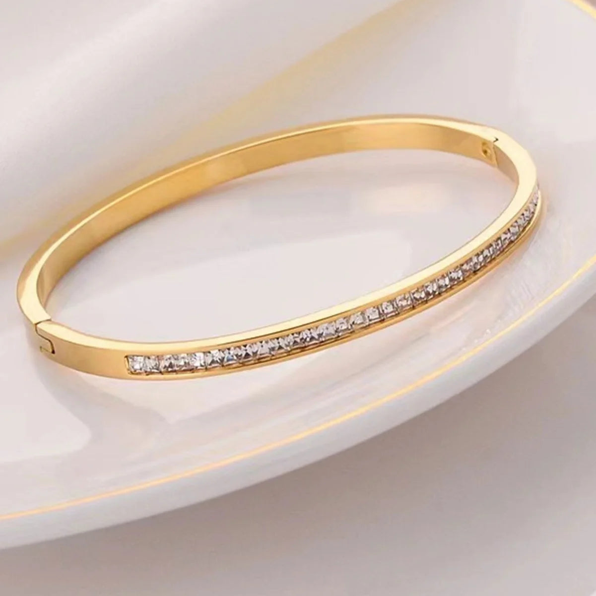 Gold Stainless Steel Bracelet with Zircon Stones – Elegant and Durable Jewelry for Women