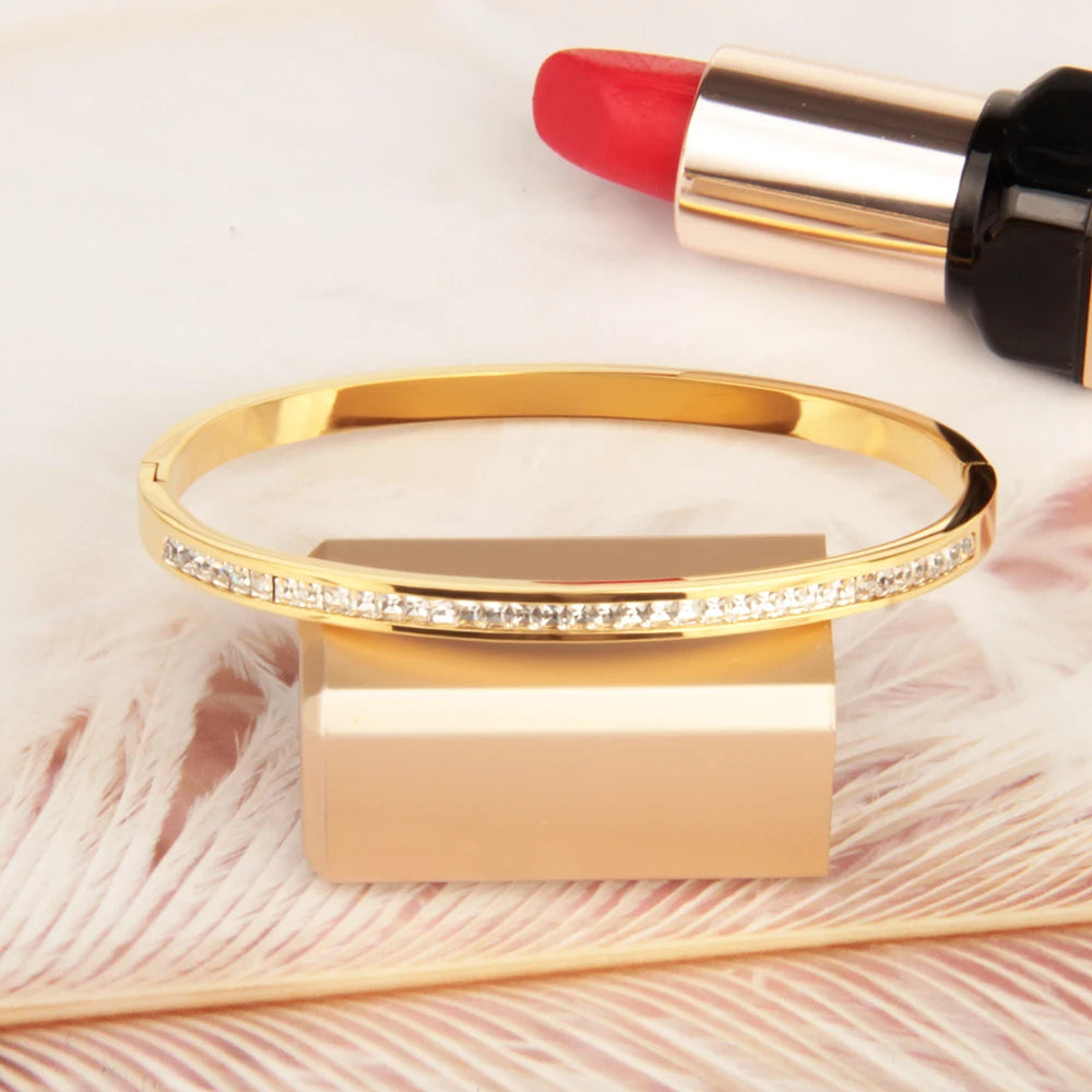 Gold Stainless Steel Bracelet with Zircon Stones – Elegant and Durable Jewelry for Women
