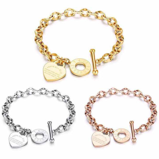 Stainless Steel Chain Bracelet with Heart Charm – Toggle Clasp, Non-Tarnish, Hypoallergenic, 18cm