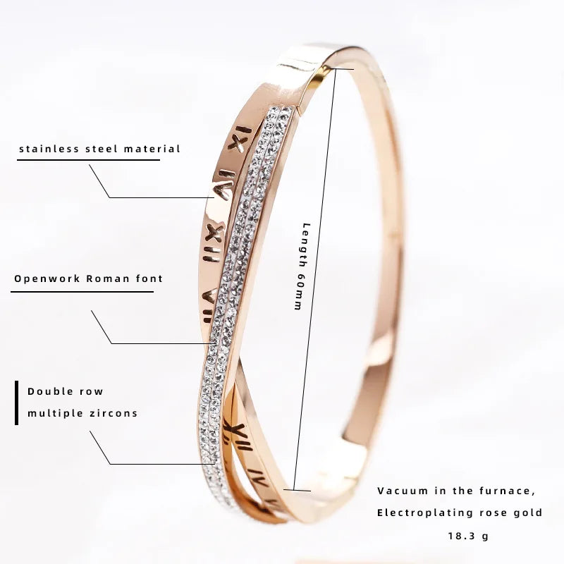 Roman Numeral Zircon Bracelet – Stainless Steel Jewelry for Women, Elegant and Durable Bangle