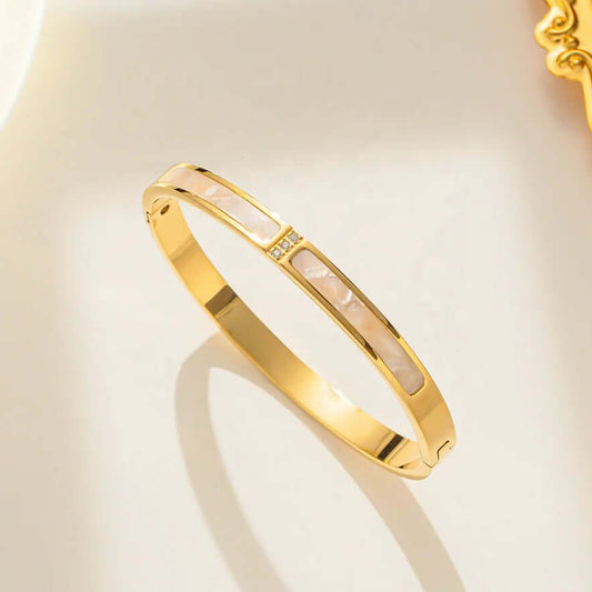 Gold Stainless Steel Bracelet with Mother of Pearl and Zircon – Elegant and Durable Jewelry for Women