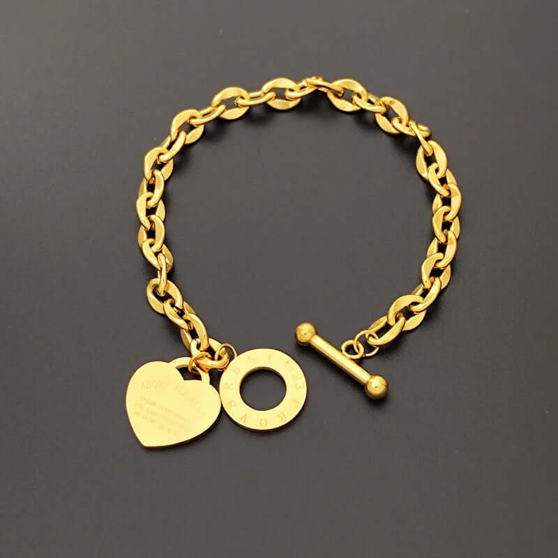 Stainless Steel Chain Bracelet with Heart Charm – Toggle Clasp, Non-Tarnish, Hypoallergenic, 18cm
