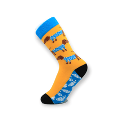 Front view of unisex sausage dog design cotton socks
