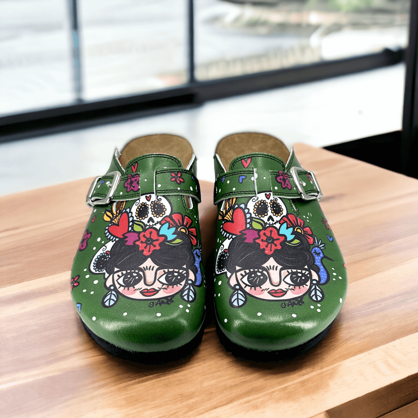 Green Frida Kahlo Boston Leather Slippers Clogs Mules Nursing Shoes Indoor Outdoor Anti-Slip Antibacterial