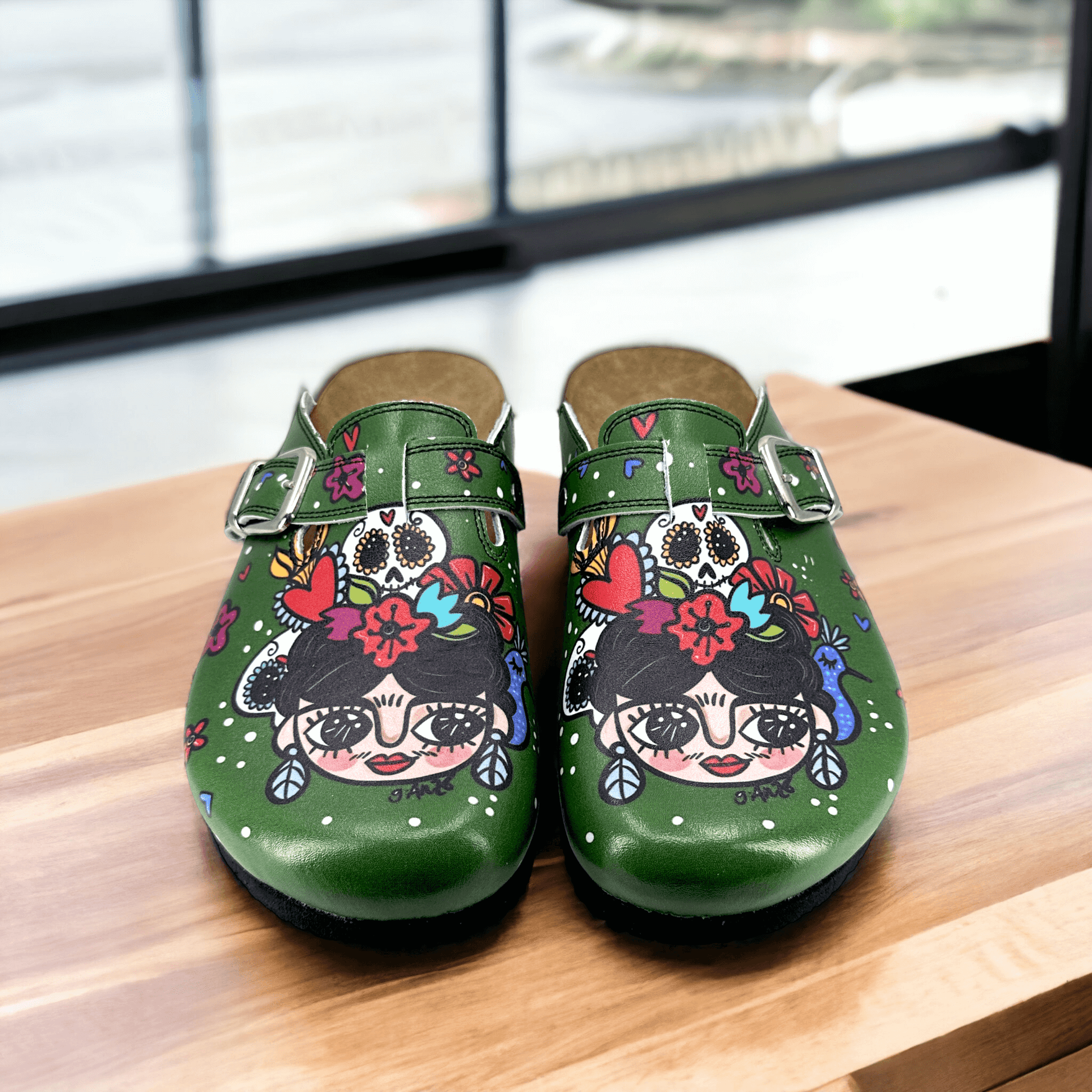 Green Frida Kahlo Boston Leather Slippers Clogs Mules Nursing Shoes Indoor Outdoor Anti-Slip Antibacterial