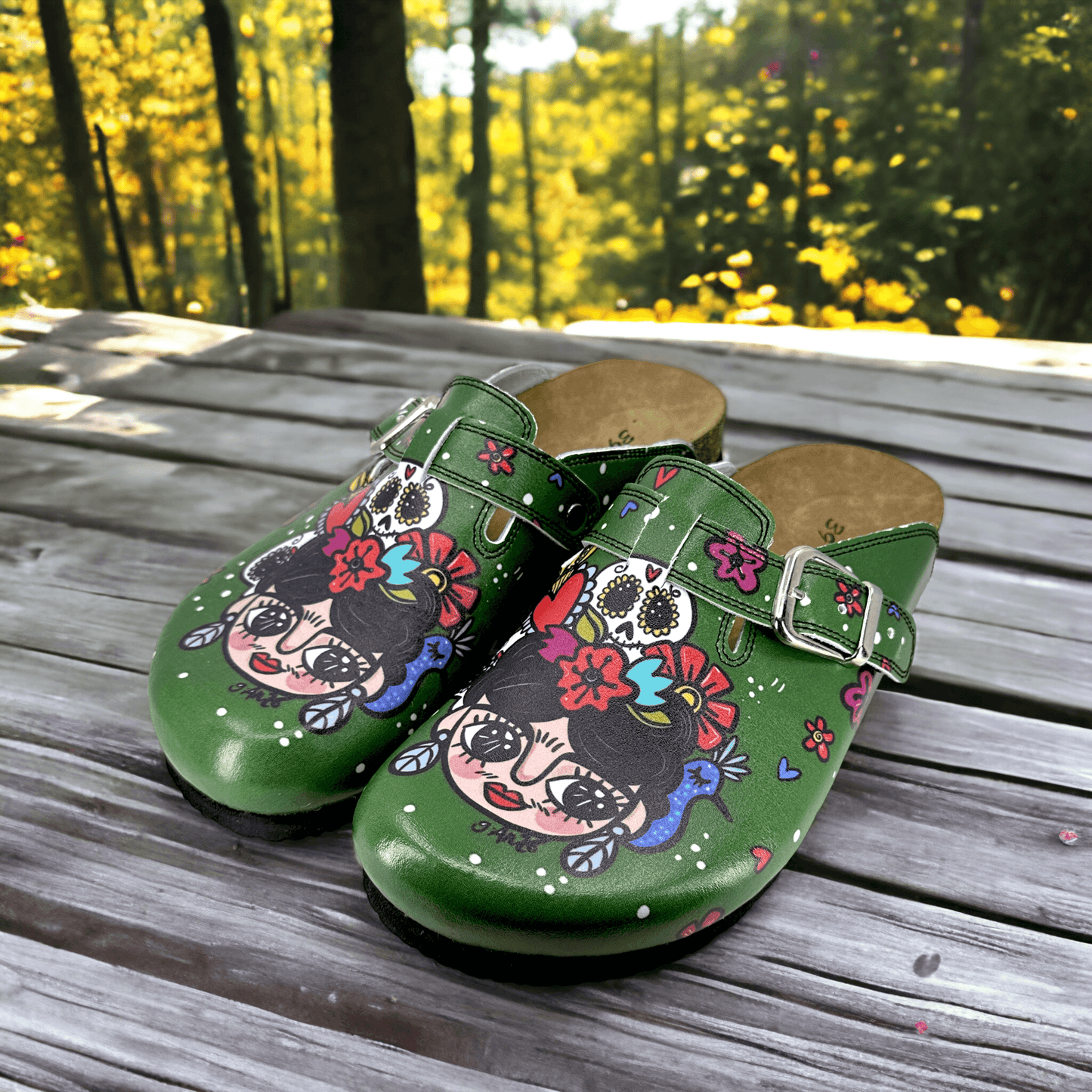 Green Frida Kahlo Boston Leather Slippers Clogs Mules Nursing Shoes Indoor Outdoor Anti-Slip Antibacterial