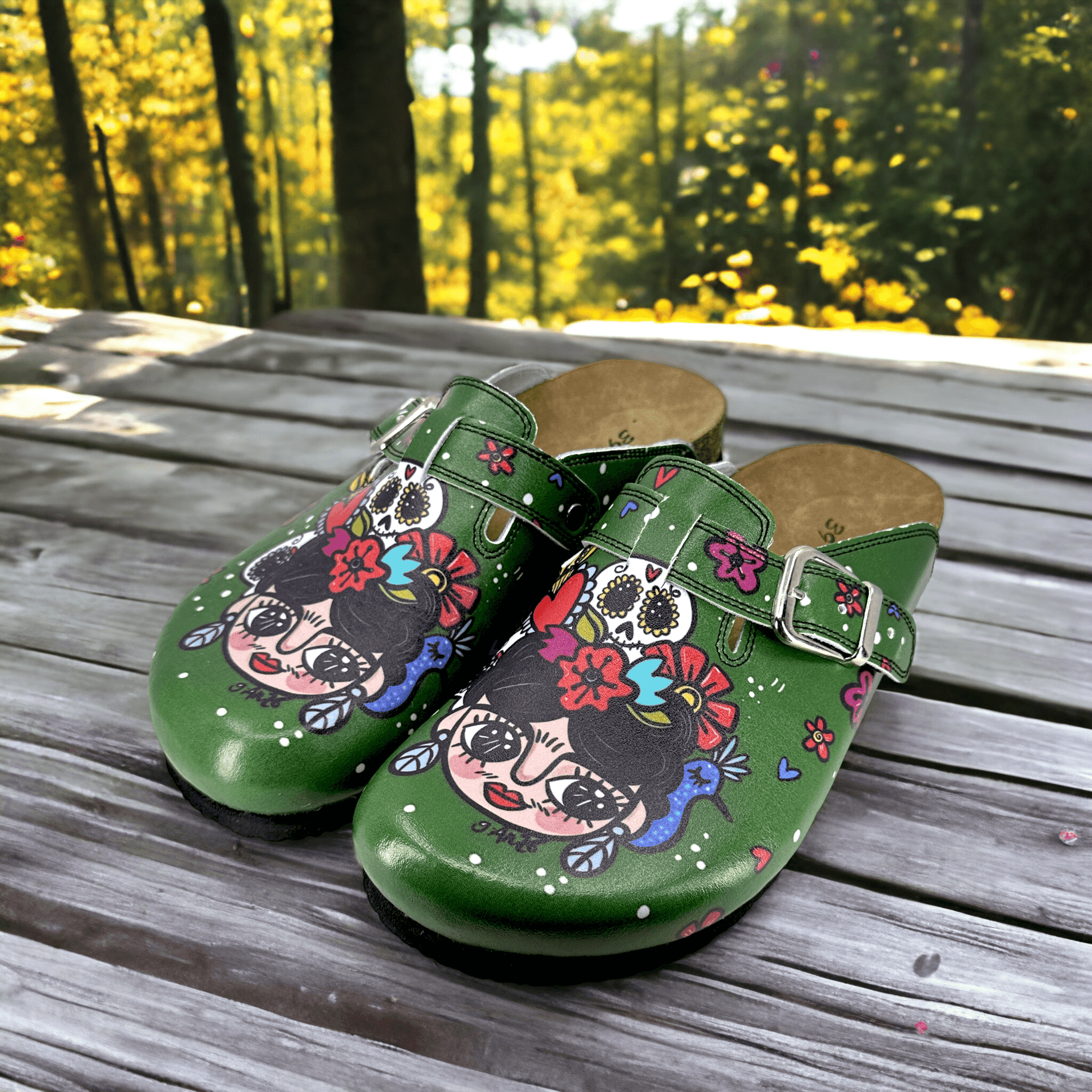 Green Frida Kahlo Boston Leather Slippers Clogs Mules Nursing Shoes Indoor Outdoor Anti-Slip Antibacterial