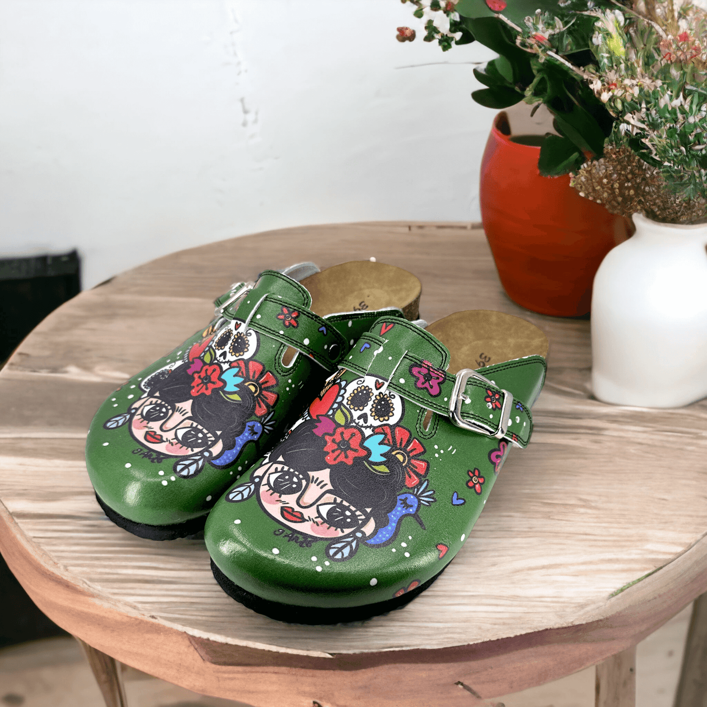 Green Frida Kahlo Boston Leather Slippers Clogs Mules Nursing Shoes Indoor Outdoor Anti-Slip Antibacterial