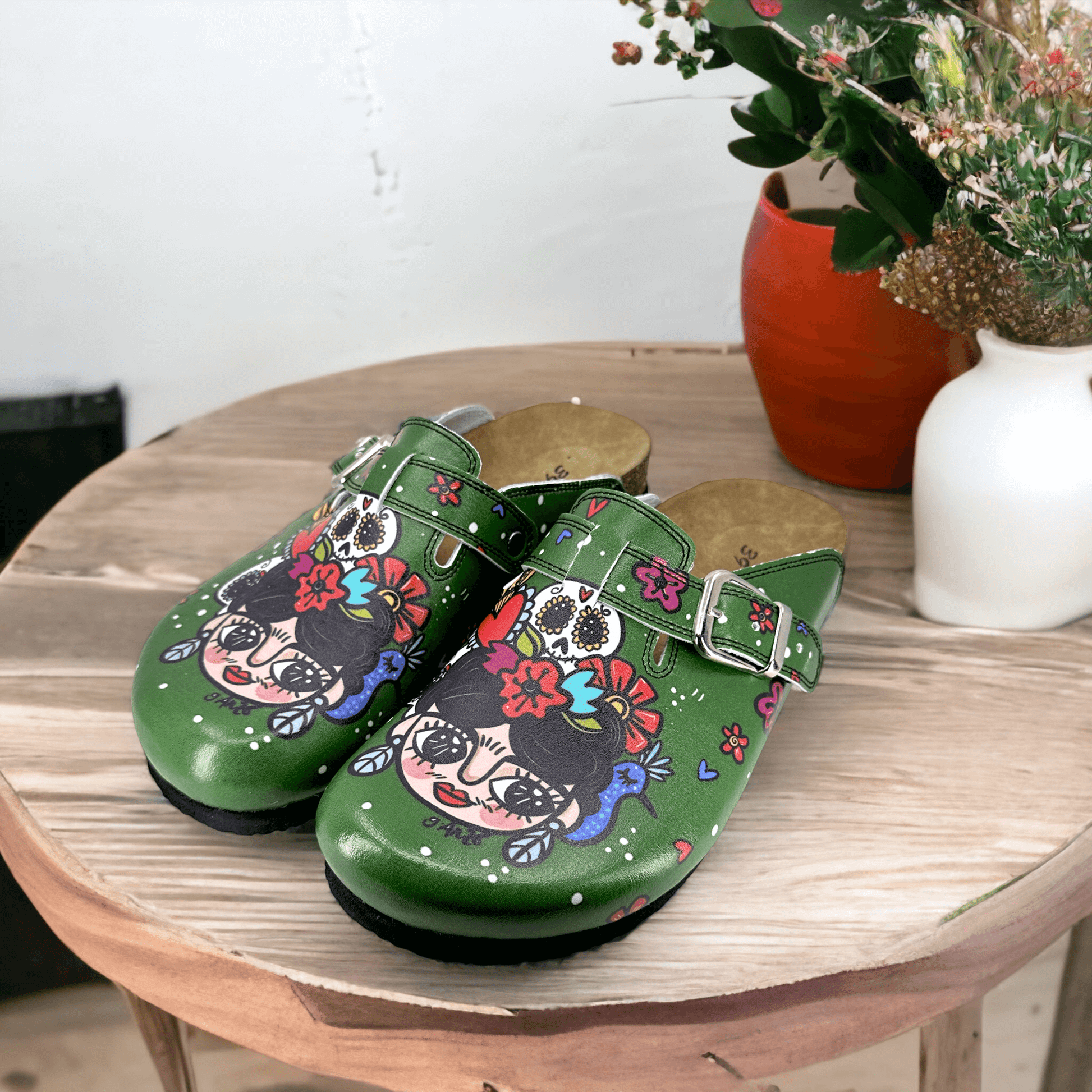 Green Frida Kahlo Boston Leather Slippers Clogs Mules Nursing Shoes Indoor Outdoor Anti-Slip Antibacterial
