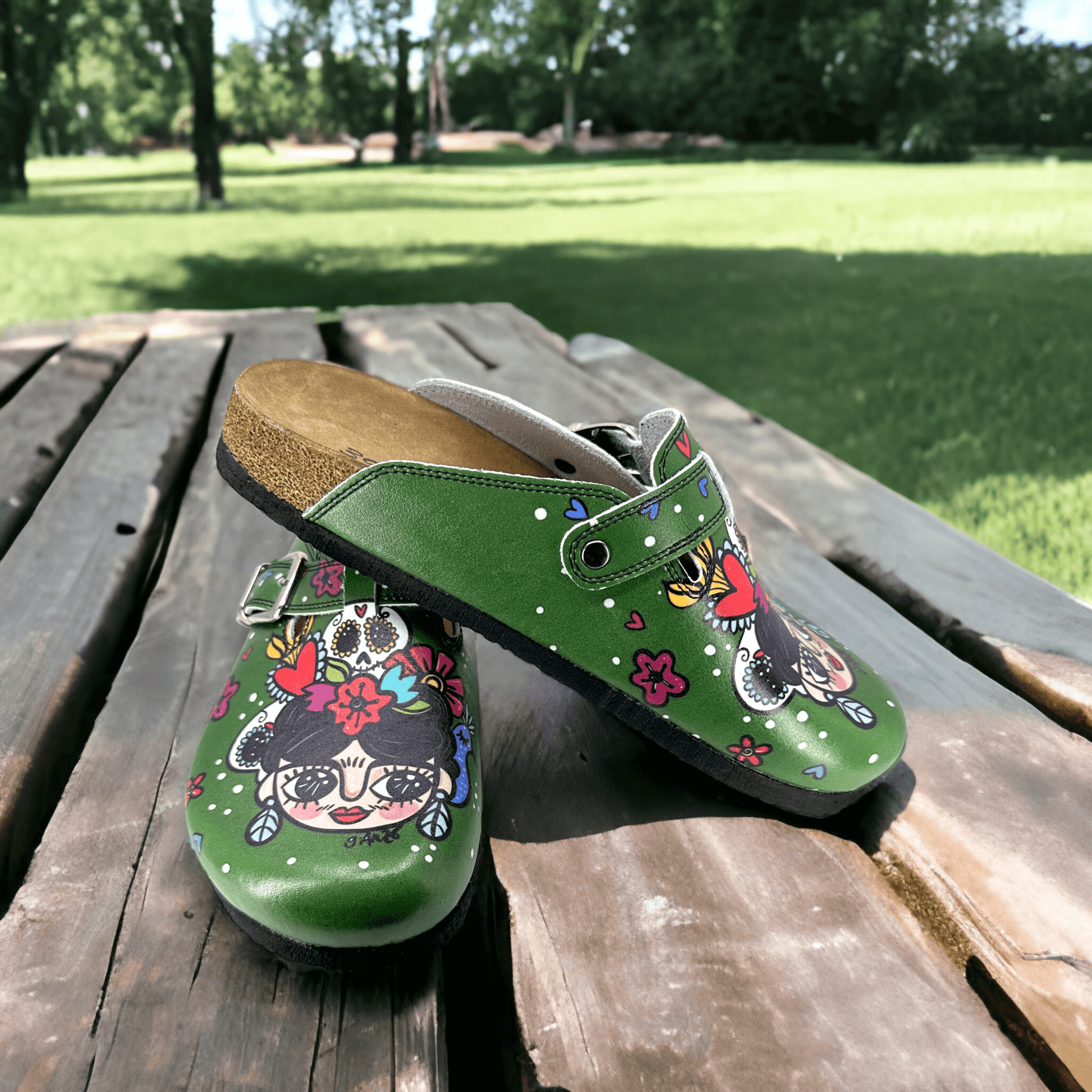 Green Frida Kahlo Boston Leather Slippers Clogs Mules Nursing Shoes Indoor Outdoor Anti-Slip Antibacterial