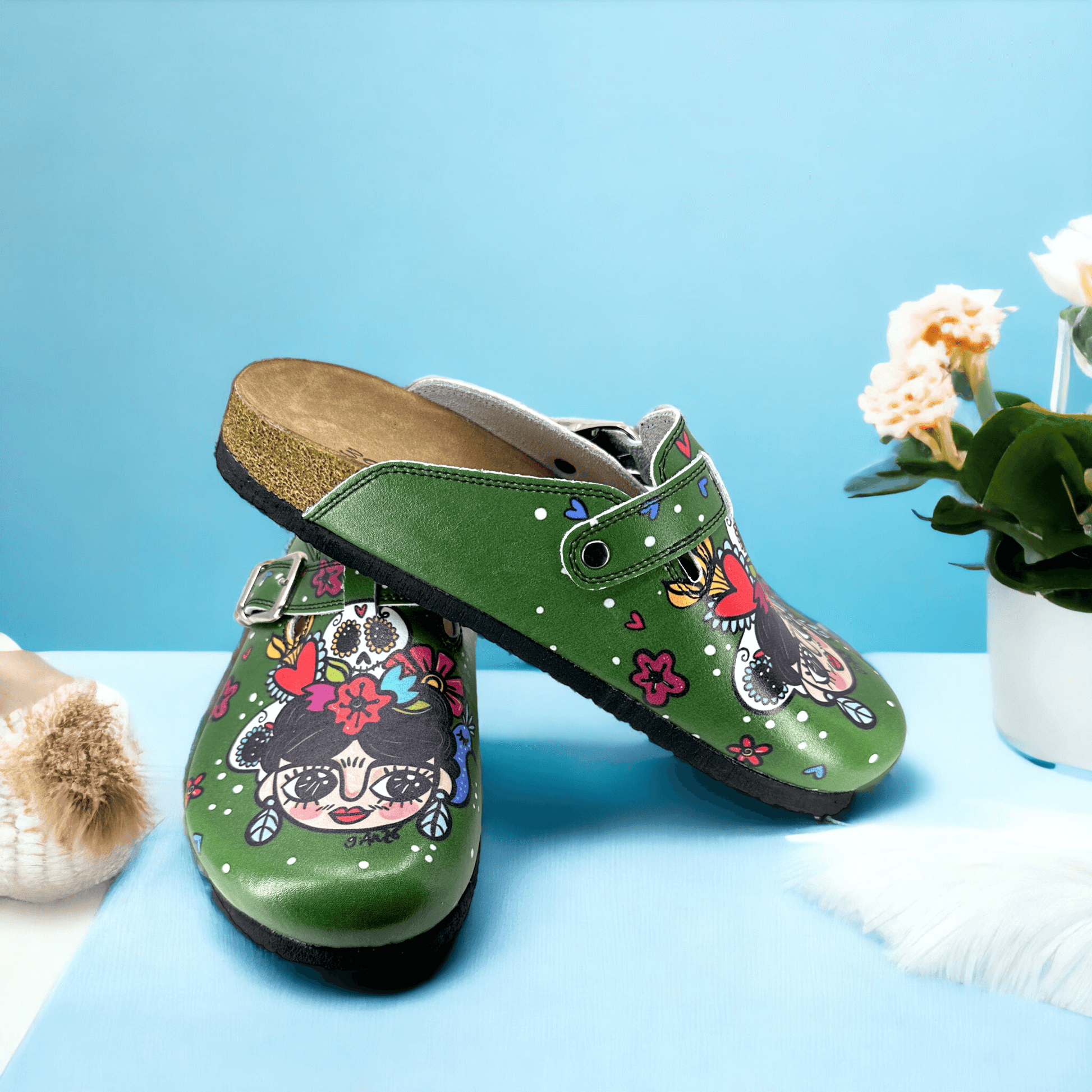 Green Frida Kahlo Boston Leather Slippers Clogs Mules Nursing Shoes Indoor Outdoor Anti-Slip Antibacterial