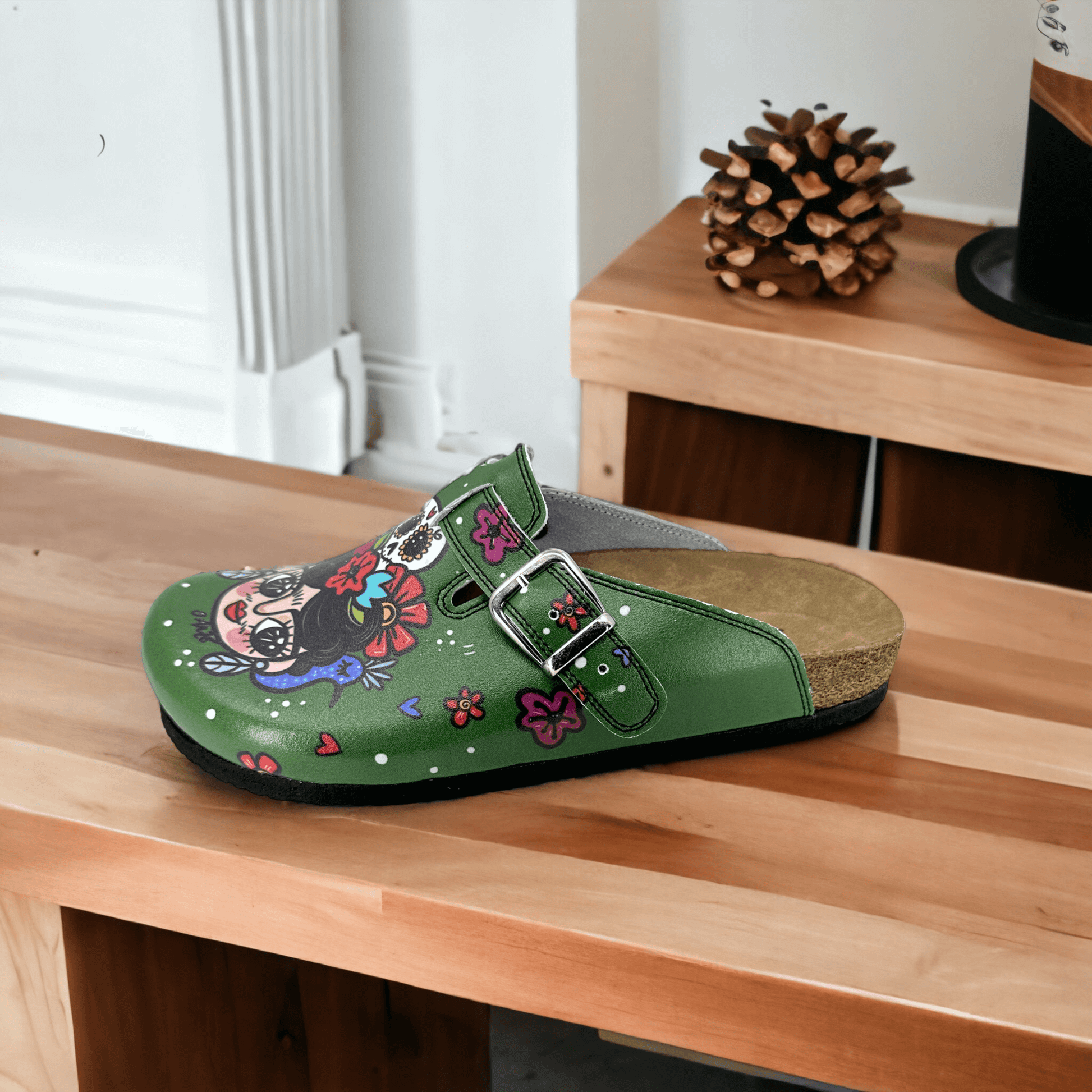 Green Frida Kahlo Boston Leather Slippers Clogs Mules Nursing Shoes Indoor Outdoor Anti-Slip Antibacterial