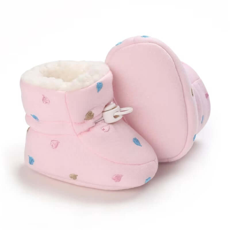 Pink Fleece-Lined Baby Winter Booties with Heart Pattern