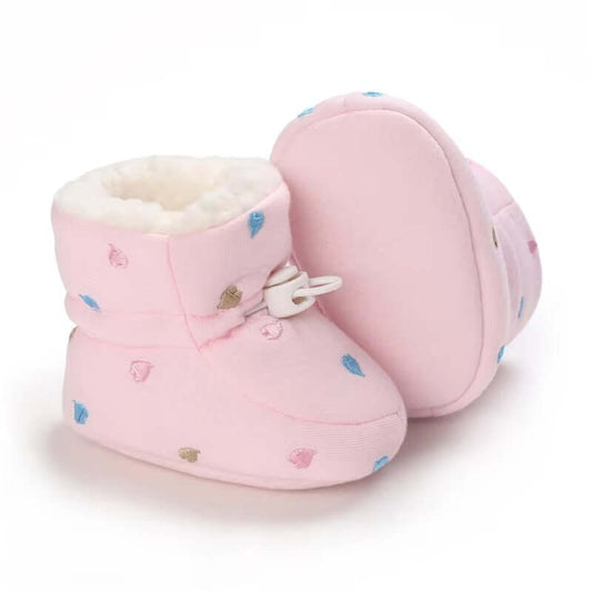 Pink Fleece-Lined Baby Winter Booties with Heart Pattern
