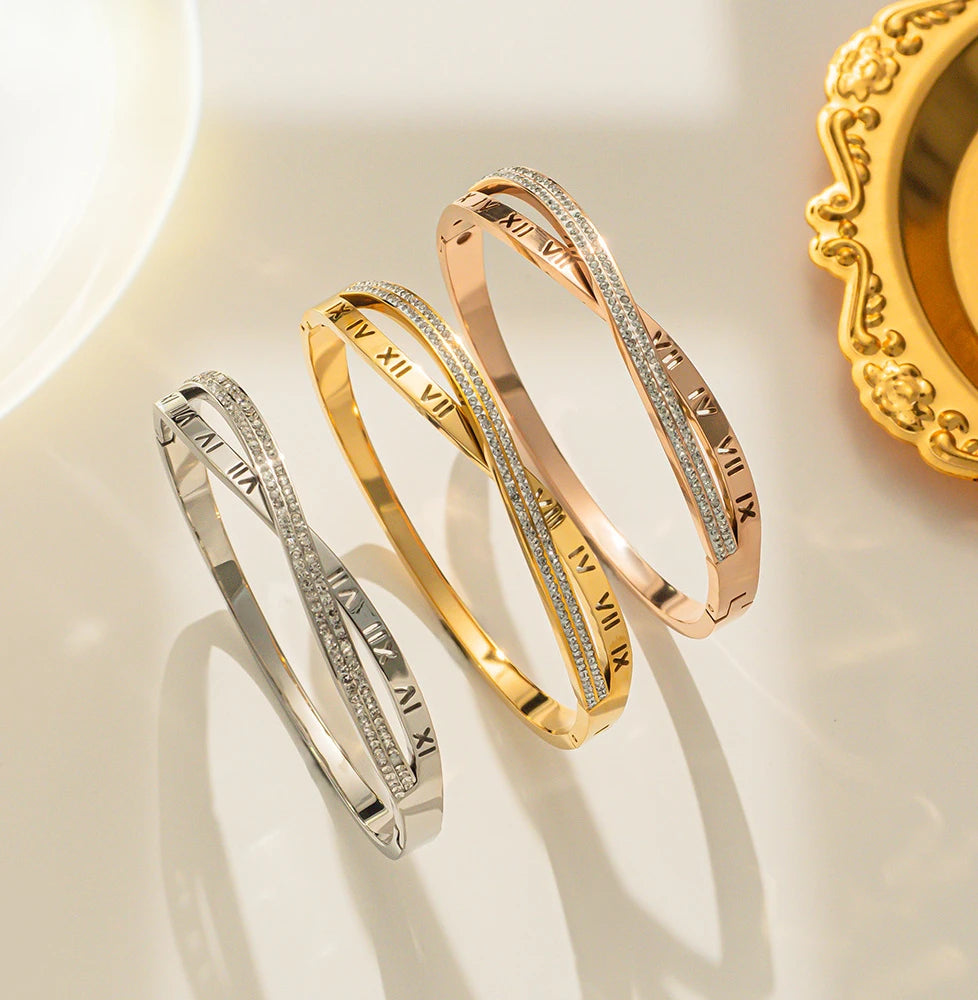 Roman Numeral Zircon Bracelet – Stainless Steel Jewelry for Women, Elegant and Durable Bangle