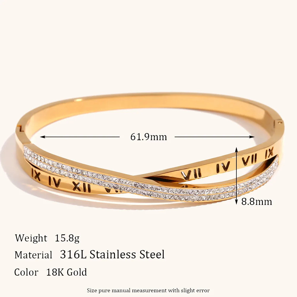Roman Numeral Zircon Bracelet – Stainless Steel Jewelry for Women, Elegant and Durable Bangle