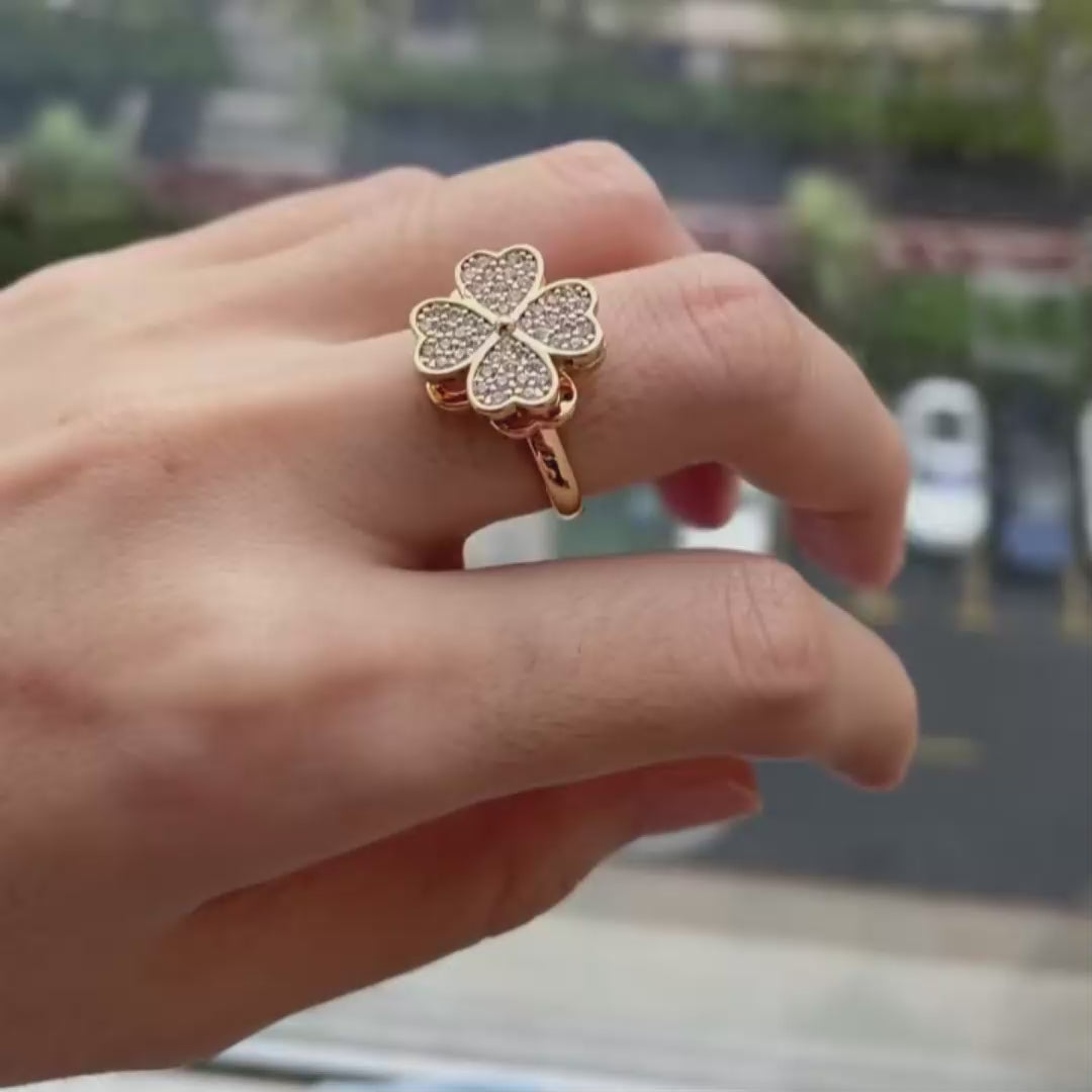 Silver Four Leaf Clover Zircon Rotatable Rings