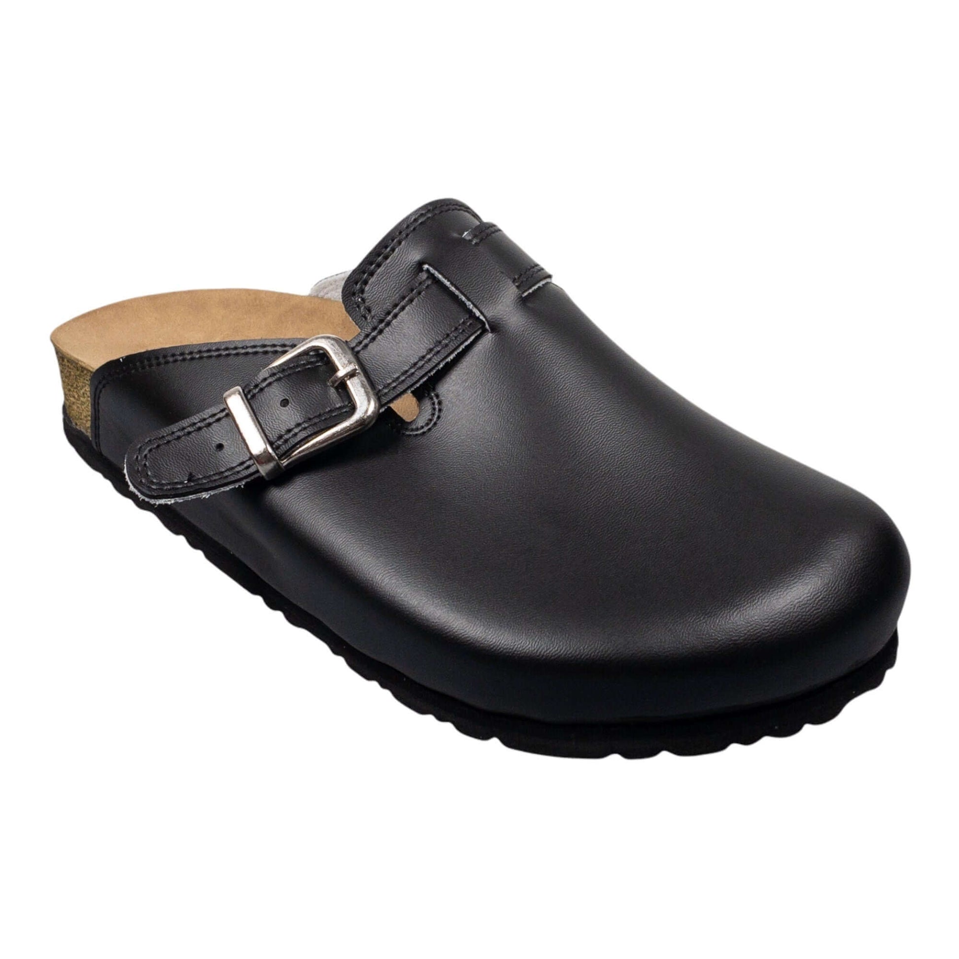  Black Cork Leather Adjustble Strap Clogs Slippers Mules Boston Clogs, Gift for Women and Men, Unisex, Comfy, Handmade, Low Heel