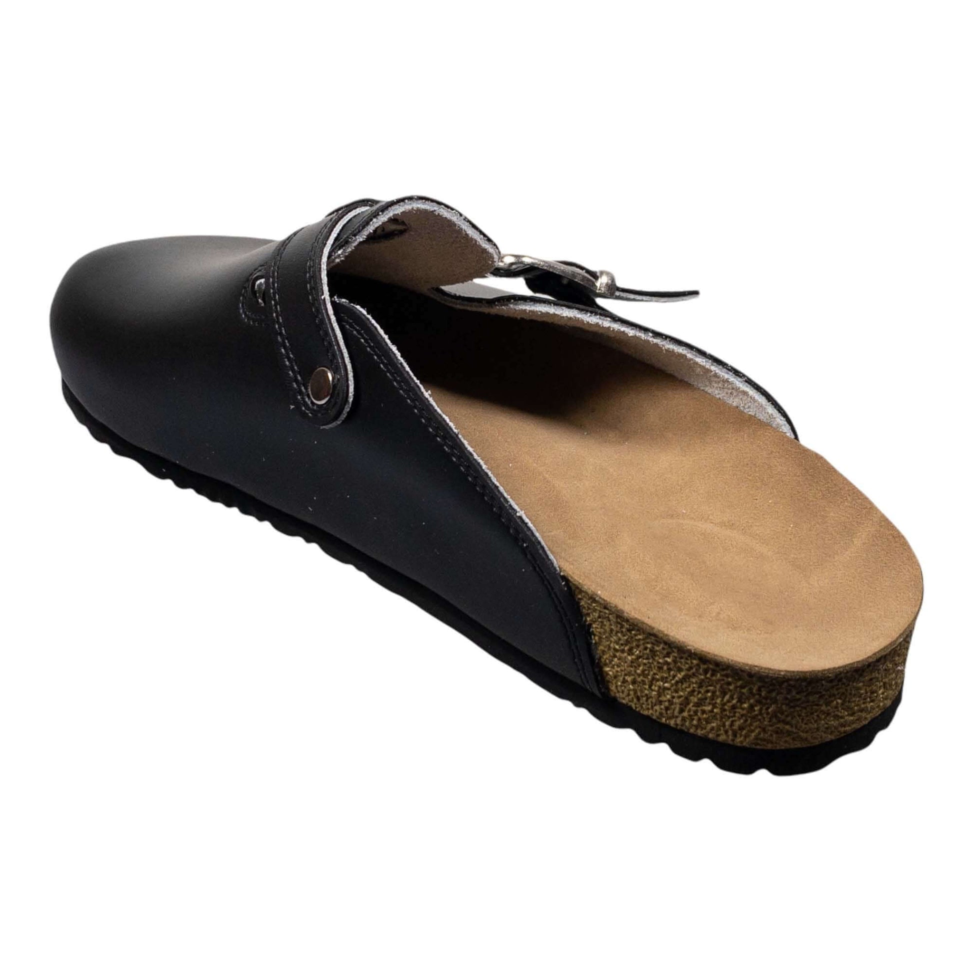  Black Cork Leather Adjustble Strap Clogs Slippers Mules Boston Clogs, Gift for Women and Men, Unisex, Comfy, Handmade, Low Heel