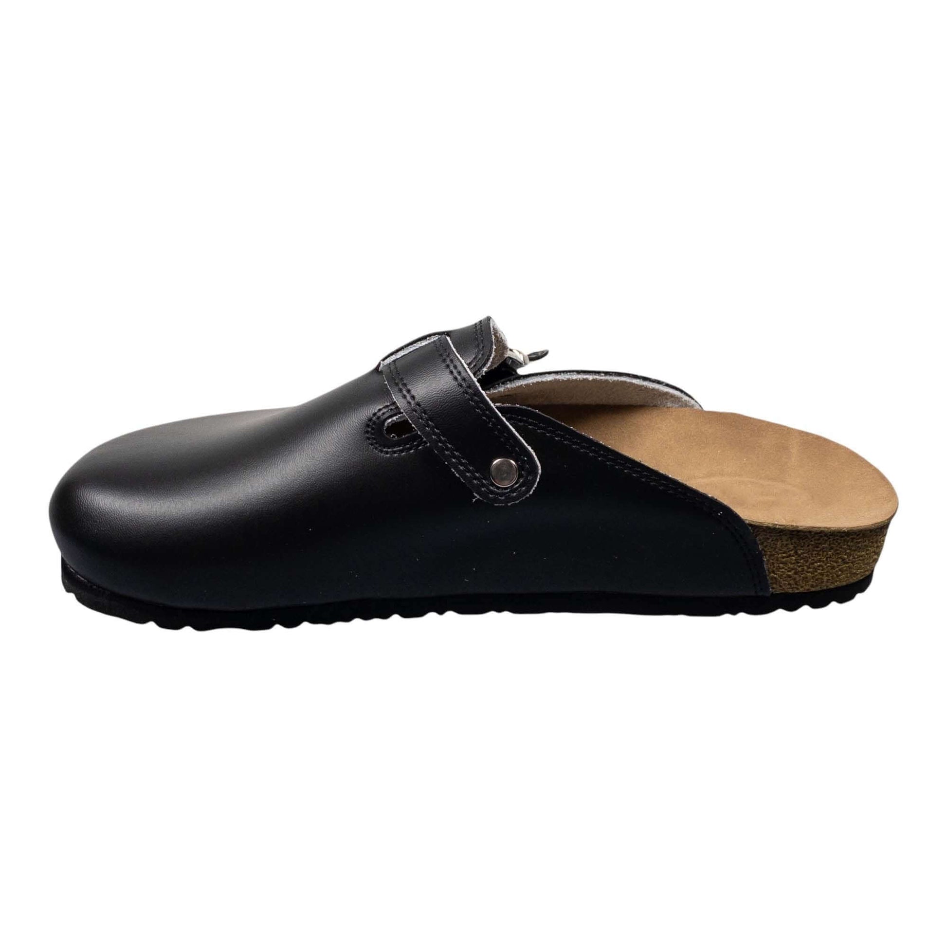  Black Cork Leather Adjustble Strap Clogs Slippers Mules Boston Clogs, Gift for Women and Men, Unisex, Comfy, Handmade, Low Heel