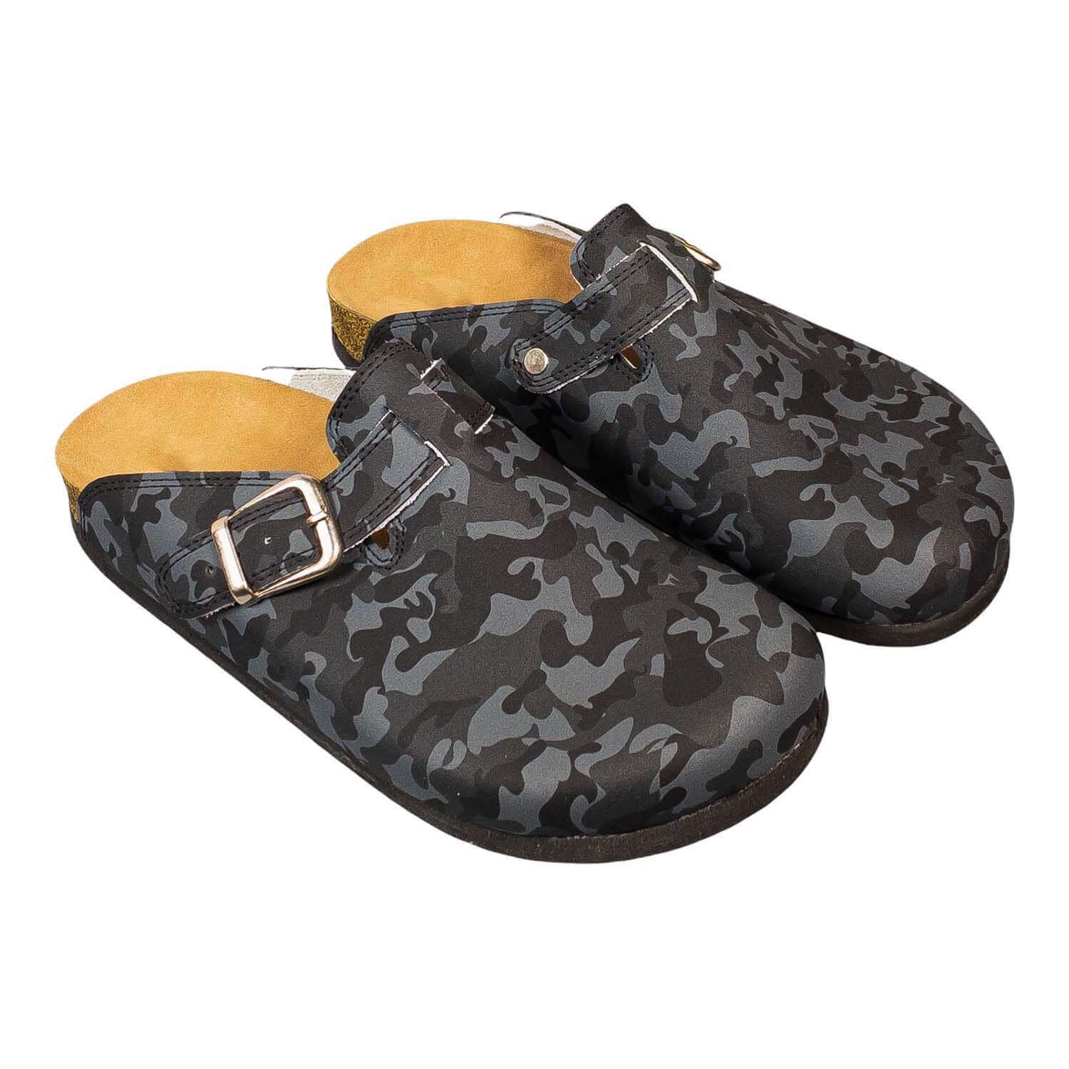 Camouflage Cork Leather Clogs | Slipper | Mules Boston Clogs, Gift for Women and Men, Unisex, Super Comfy, Handmade, Low Heel