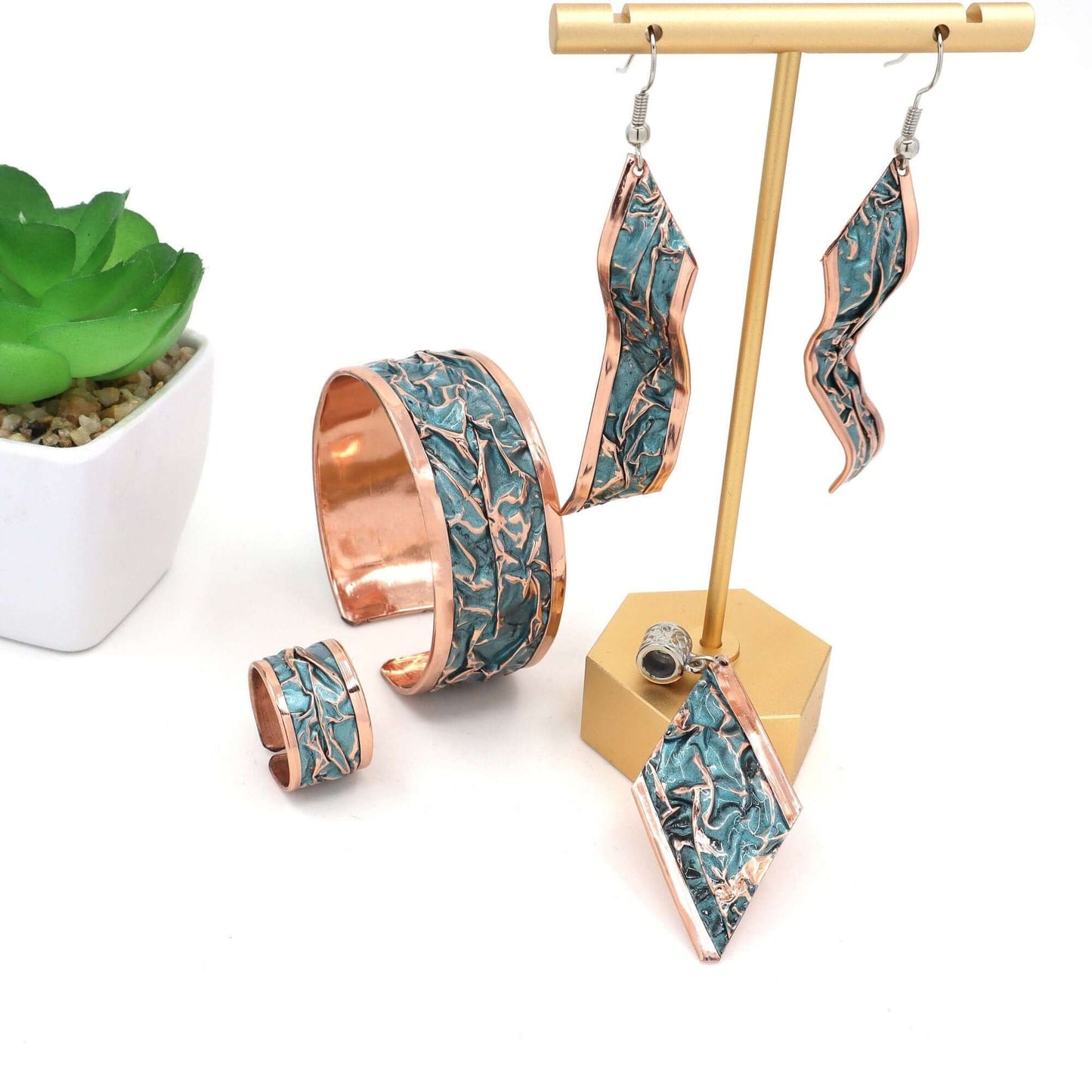  Turquoise Copper Wrinkled Necklace Earring Adjustable Ring Bracelet Set Jewelry Handmade Christmast Birthday Anniversary Gift