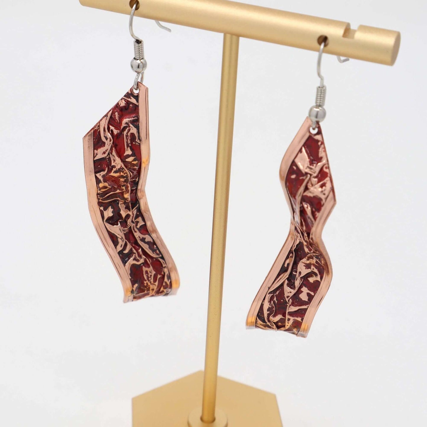 Red Patterned Copper Wrinkled Necklace Earring Adjustable Ring Bracelet Set