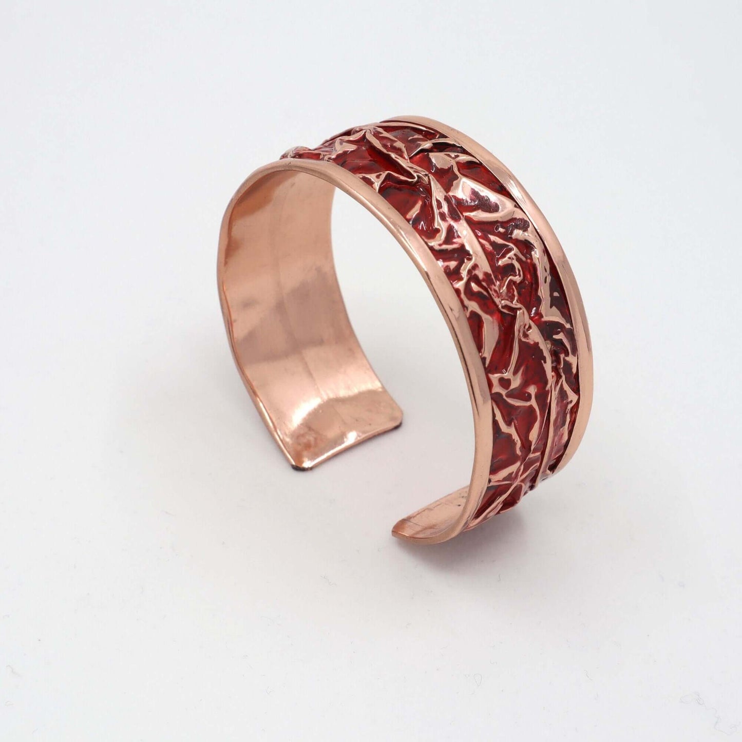 Red Patterned Copper Wrinkled Necklace Earring Adjustable Ring Bracelet Set