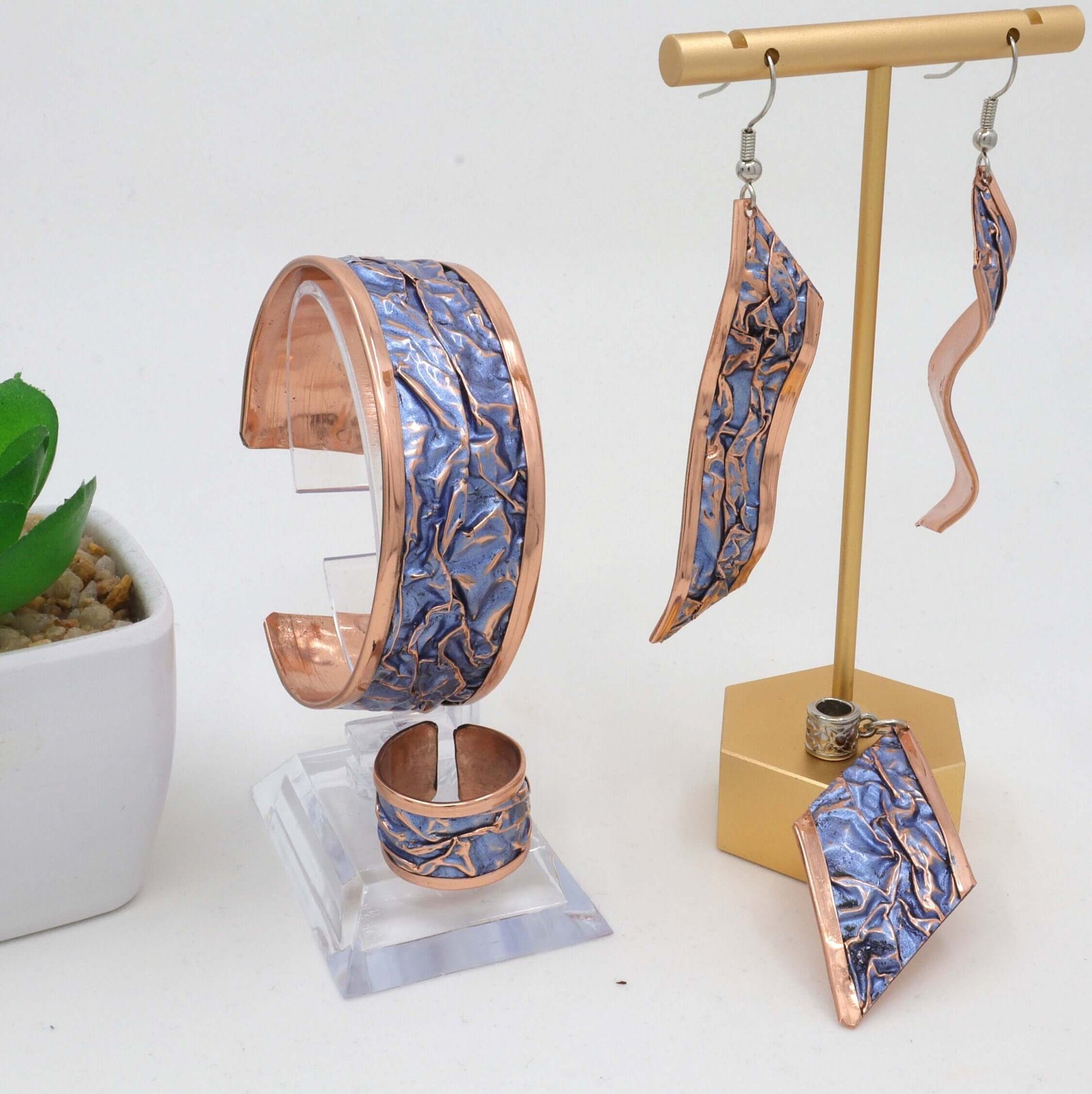  Blue Wrinkled Copper Jewelry Set Jewellery Bracelet Ring Earrings Necklace