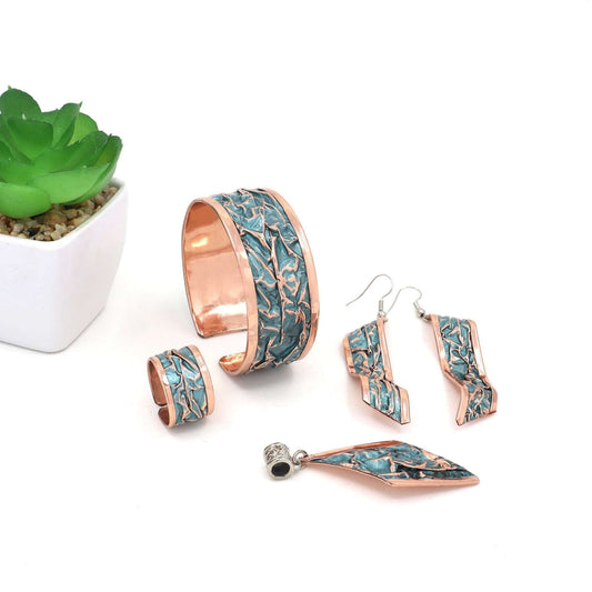  Turquoise Copper Wrinkled Necklace Earring Adjustable Ring Bracelet Set Jewelry Handmade Christmast Birthday Anniversary Gift