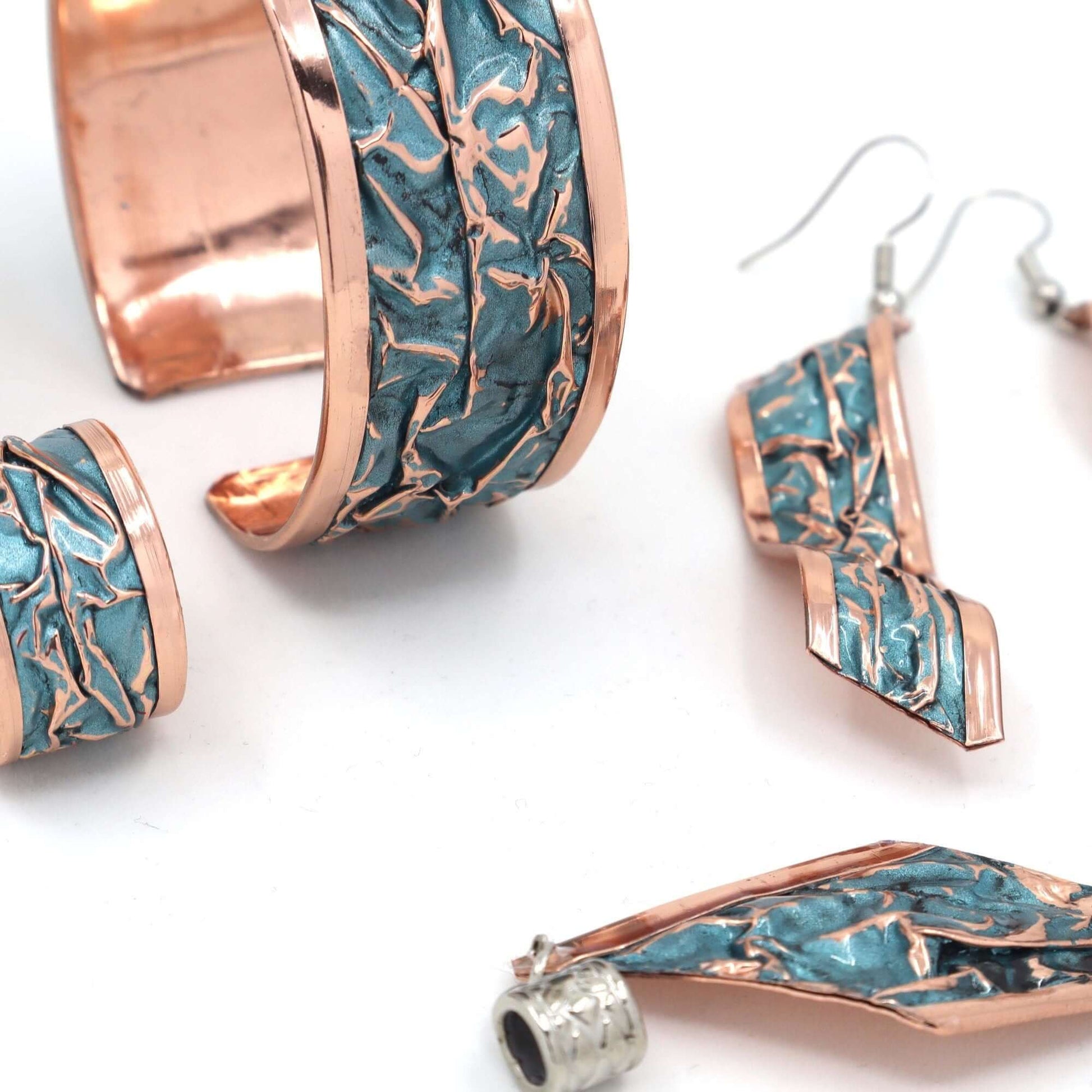  Turquoise Copper Wrinkled Necklace Earring Adjustable Ring Bracelet Set Jewelry Handmade Christmast Birthday Anniversary Gift
