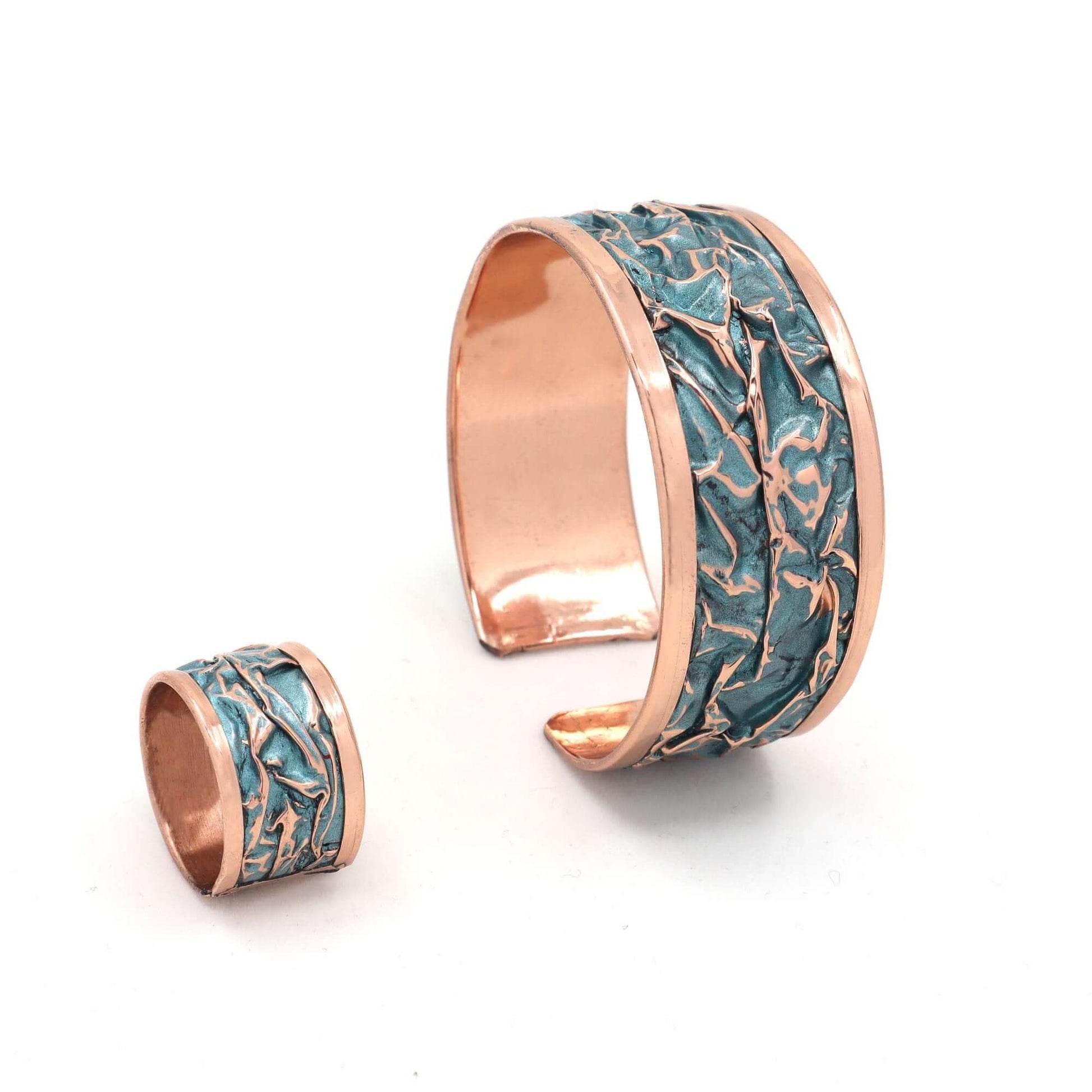  Turquoise Copper Wrinkled Necklace Earring Adjustable Ring Bracelet Set Jewelry Handmade Christmast Birthday Anniversary Gift