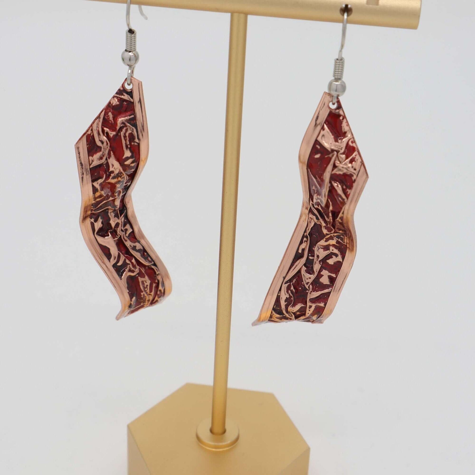 Red Patterned Copper Wrinkled Necklace Earring Adjustable Ring Bracelet Set