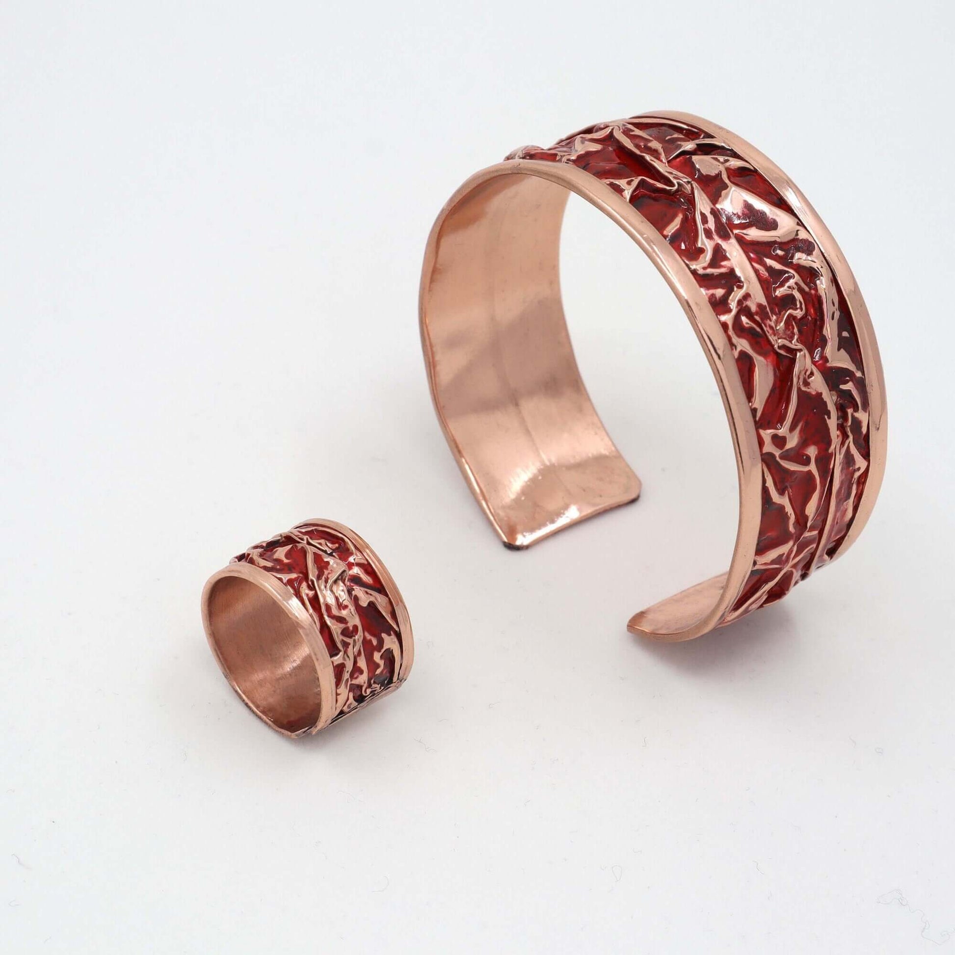 Red Patterned Copper Wrinkled Necklace Earring Adjustable Ring Bracelet Set