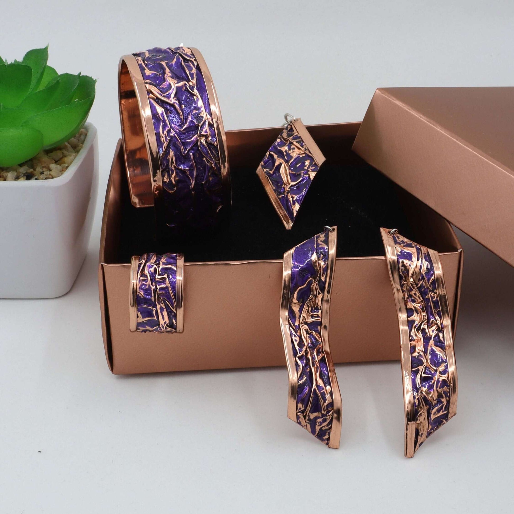Purple Copper Wrinkled Necklace Earring Adjustable Ring Bracelet Set Jewellery