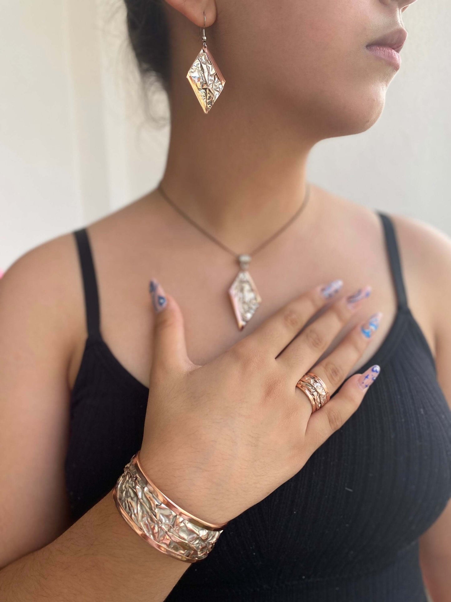Silver Plate Copper Wrinkled Necklace Earring Adjustable Ring Bracelet Set Jewellery