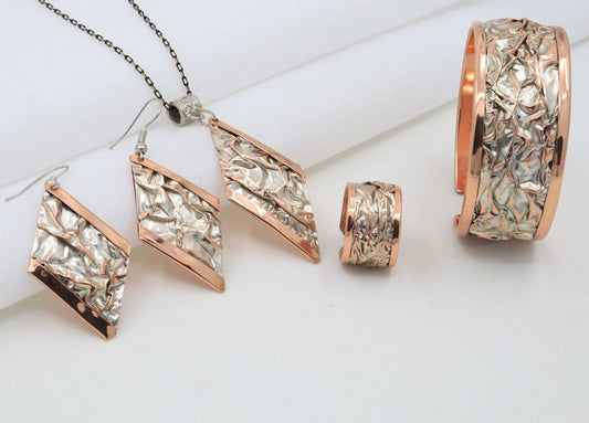Silver Plate Copper Wrinkled Necklace Earring Adjustable Ring Bracelet Set Jewellery